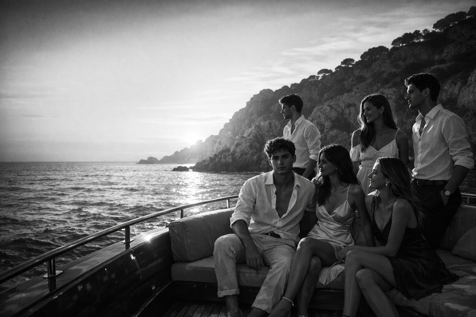 Jóvenes elegantes en un barco premium al atardecer